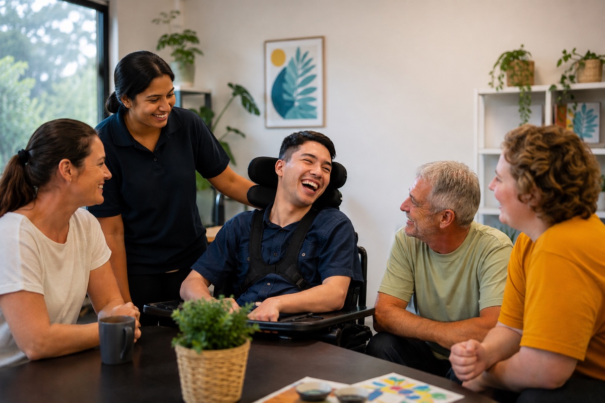 Five people talking and laughing around a table at home, one of them a young man who uses a powered wheelchair.