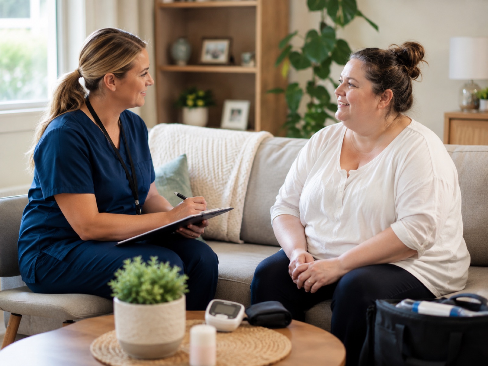 A community nurse sitting with a participant in her living room, talking and taking notes.