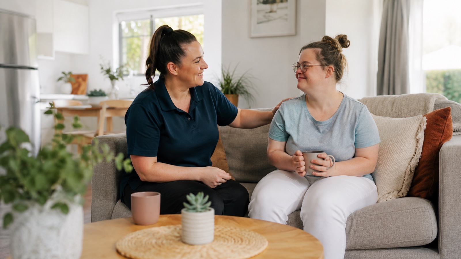 A support worker and a woman sitting together on a sofa at home with cups of tea, talking.